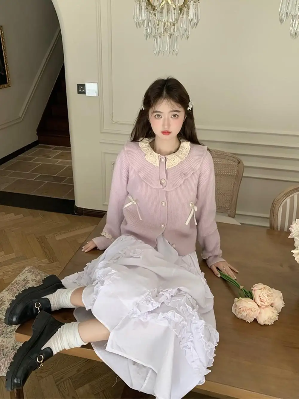 Fan Wenwen Cheese Taro кукольный воротник лоскутный вязаный кардиган женский осенний