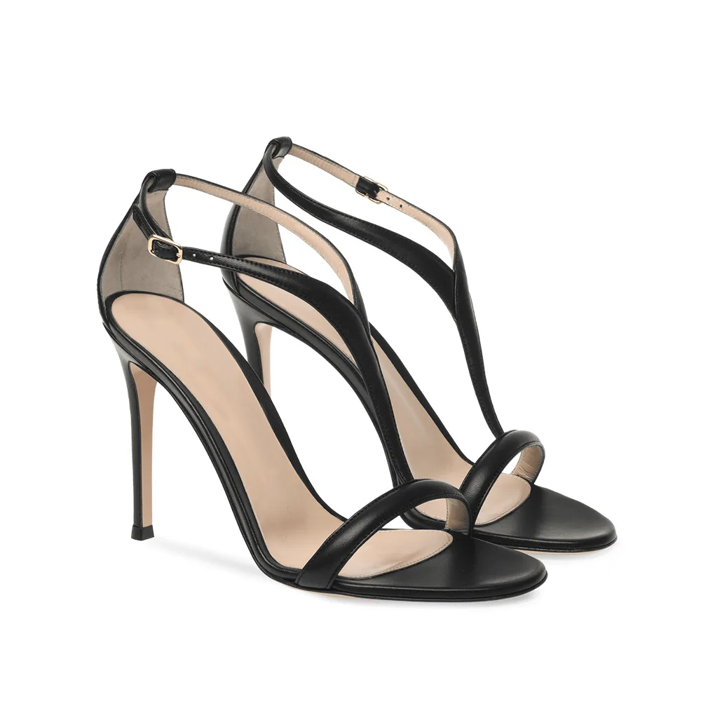 

Туфли женские на шпильке с круглым носком, Т-образные ремешки, кожаные сандалии с пряжкой на щиколотке, вечерние туфли на высоком каблуке