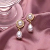 elegant minimalist simulated pearl water drop earrings for women luxury temperament rhinestone zircon earring wedding jewelry