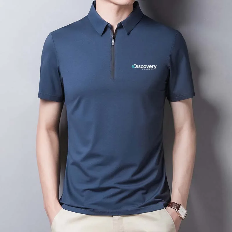 

New Discovery Channel Classic Solid Color Golf Shirt Men Silk Cotton Summer Short Sleeve Tee Slim Fit Casual Zipper Polo