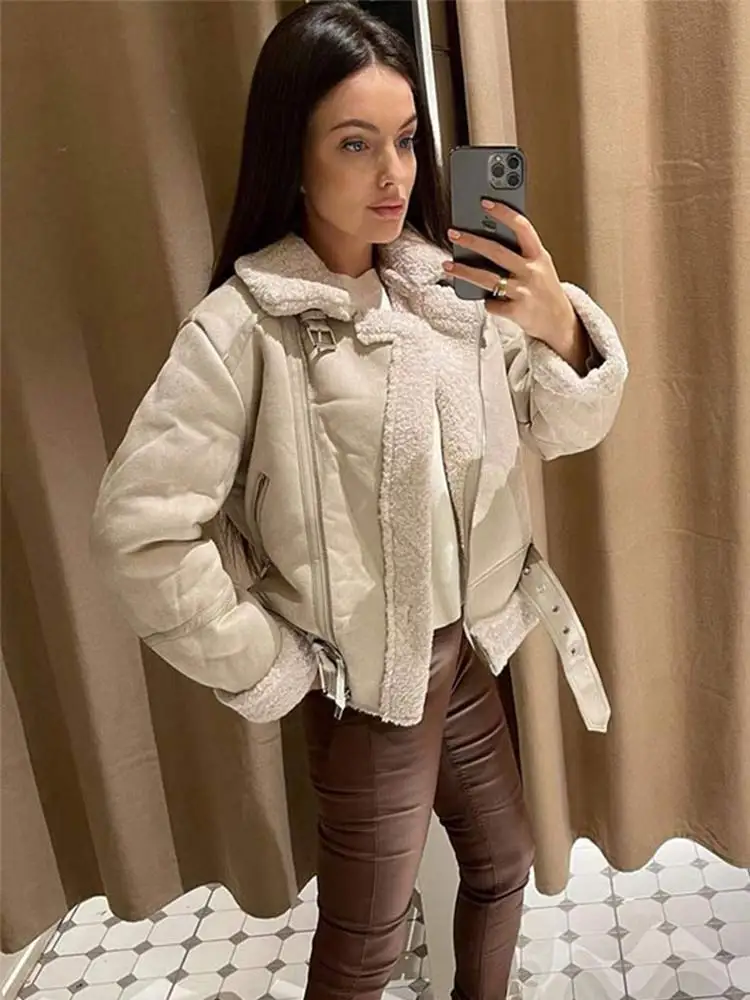 

Осенне-зимняя женская утепленная свободная винтажная теплая мотоциклетная куртка из ягненка, двухсторонняя короткая куртка, Коричневое Пальто