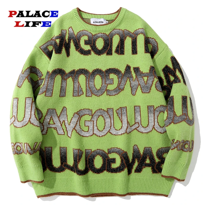 

Harajuku Autumn Oversize Casual Fashion Pullovers Men Hip Hop Knitted Jumper Sweaters Striped Letter Print Streetwear