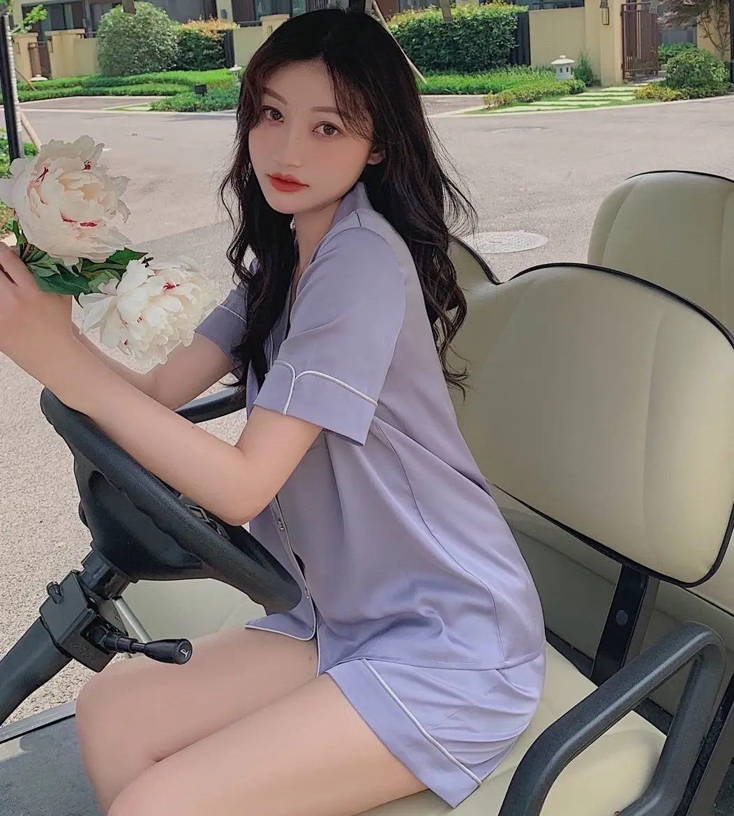 Diamond button ice silk pajamas summer short sleeve shorts solid color home clothes silk two-piece set