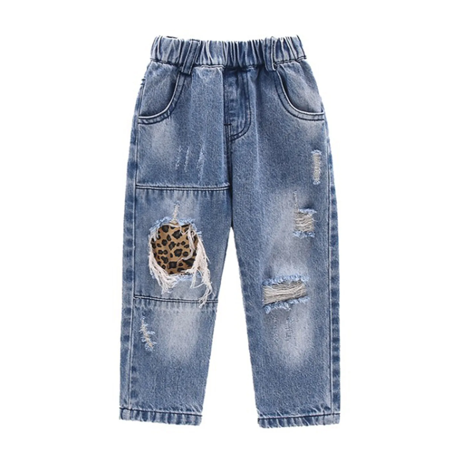 

Kids Girls Casual Trousers Patchwork Ripped Denim Pants High Waist Burr Detail Casual Pants Stylish Girls Party Leopard Jeans