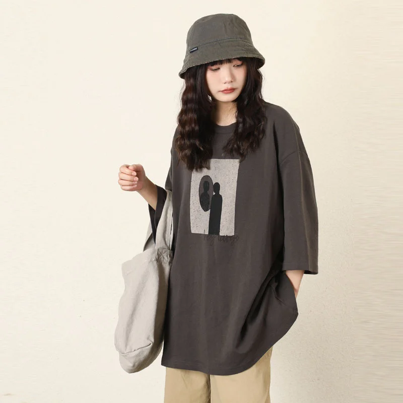 

Abstract Print T Shirt Gray Beige Blue Summer Oversize Women T Shirt Tops