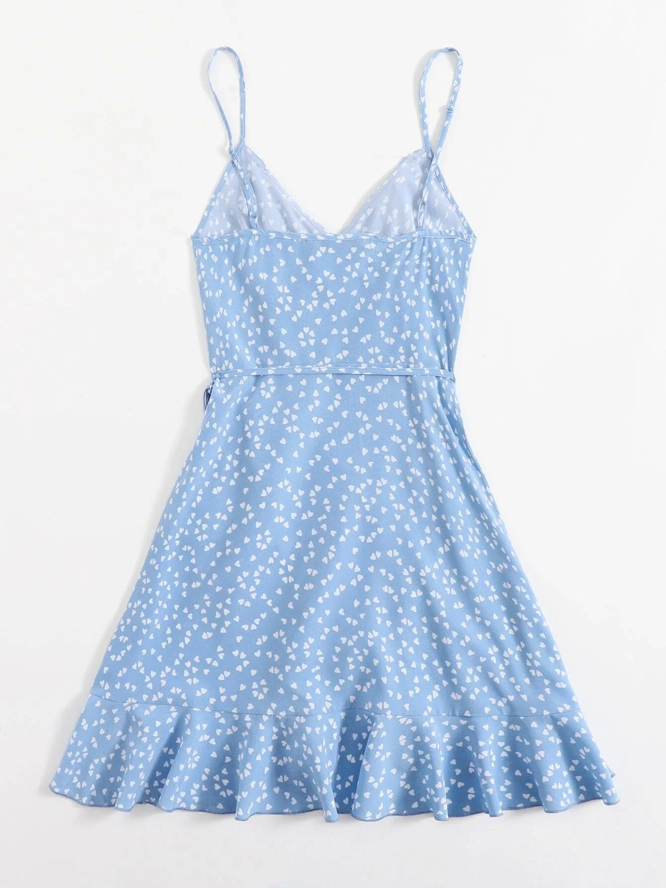 

Allover Heart Print Ruffle Detail Wrap Cami Dress