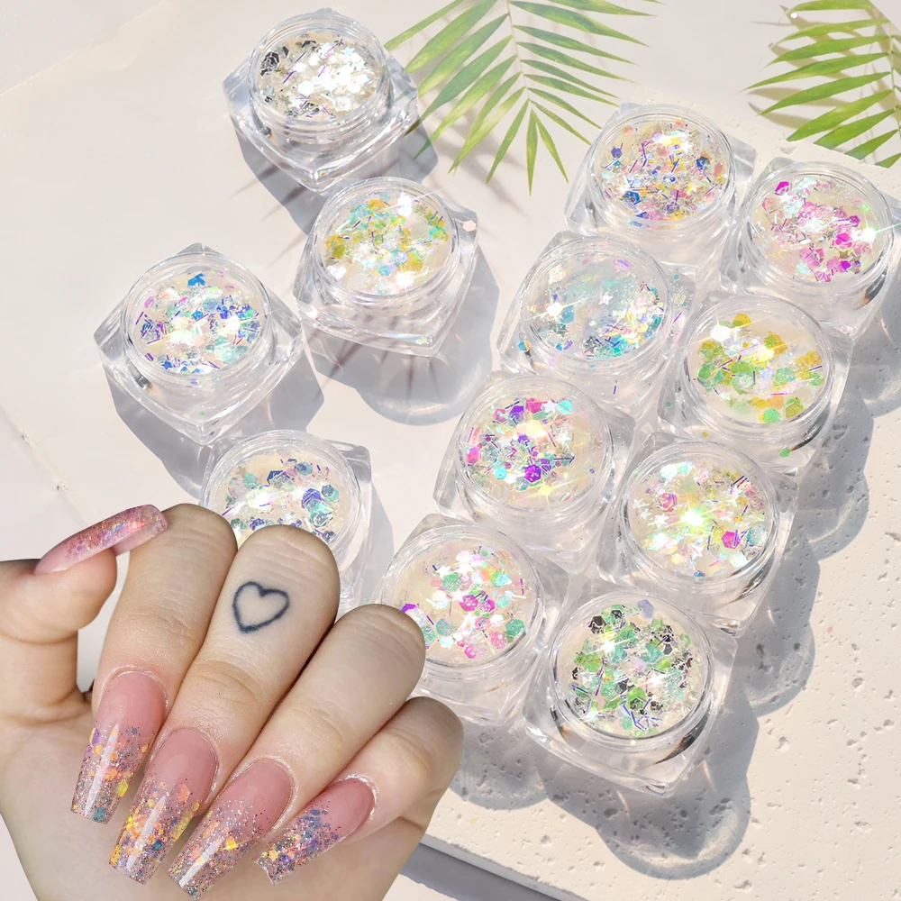 

12 Jar Holographic Mixed Hexagon Star Moon Nail Glitter Sparkly Chunky Sequins Epoxy Resin Filler Flakes Nail Art Powder