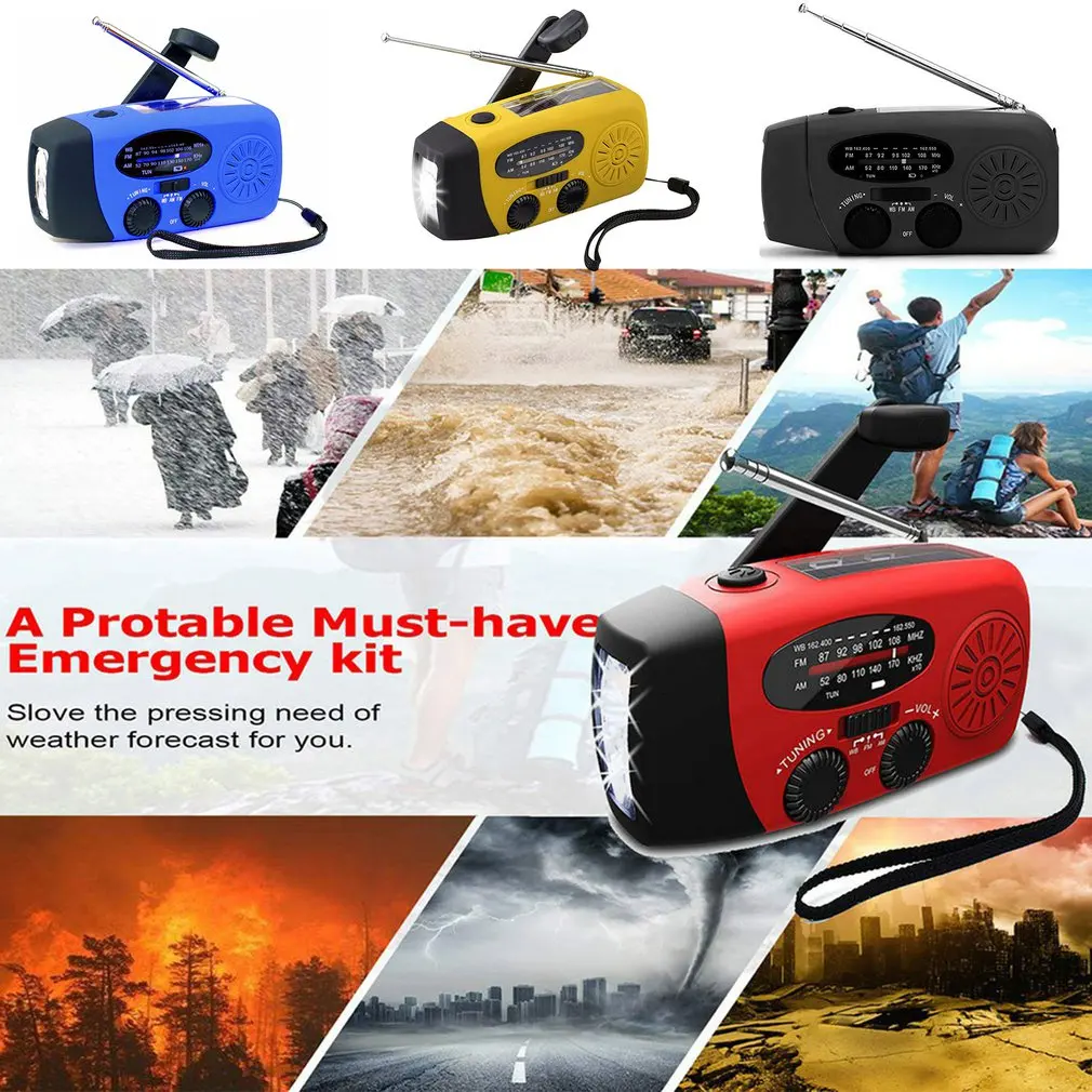 

Multifunctional Solar Hand Crank Dynamo Powered AM/FM/NOAA Weather Hand Radio Emergency Rescue LED Flashlight Mobile Power