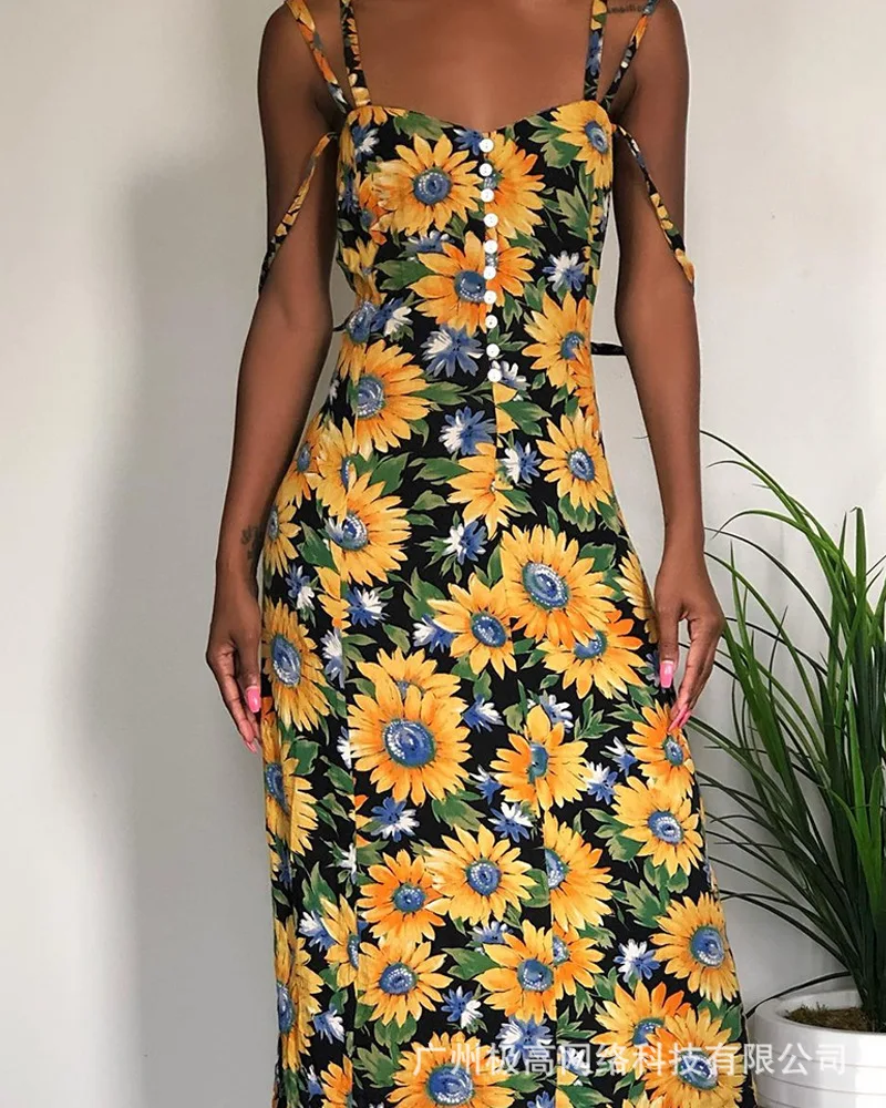 

Женское платье с принтом подсолнуха, длинное платье на бретельках с завышенной талией и пуговицами спереди, весна-лето