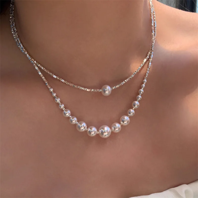 

French Light Luxury S925 Silver Crushed Zircon Smile Gradient Strong Pearl Necklace Women's Banquet Fashion Charm Jewelry