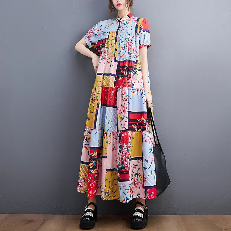 

#3450 Summer Tie Dye Printed Shirt Dress Women Stand Collar A-line Vintage Dresses Ladies Ankle-length Loose Long Shirt Dress
