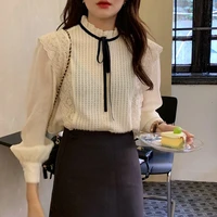 french fashion women blouse sweet pleated stand collar tie stitching brushed lace shirt mujer de moda 2022 verano elegantes