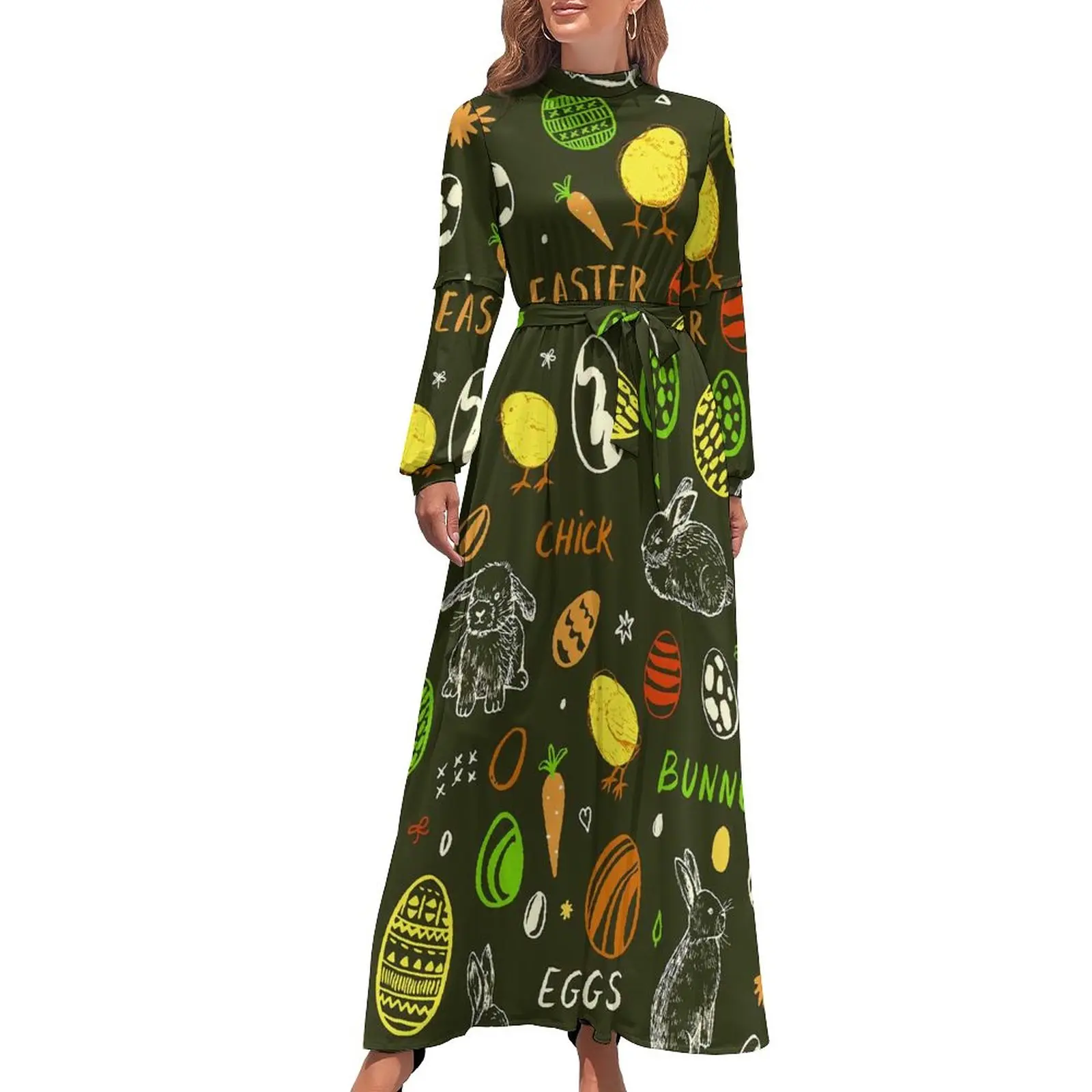 

Красочное пасхальное платье, винтажное Макси-Платье с принтом цыплячьего кролика и яиц, пляжные Длинные платья в уличном стиле с высокой талией, платья с принтом
