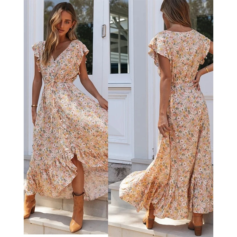

Summer Fashion V-neck Print Dress Single Breasted Irregular Waist Lace Up Dresses for Women