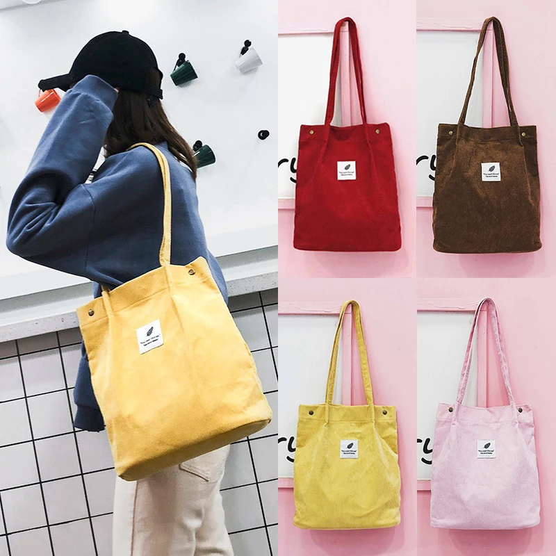 

Women Corduroy Shoulder Bag Solid Color High Capacity Tote Foldable Reusable Handbag Casual Female Vintage Messenger Bags