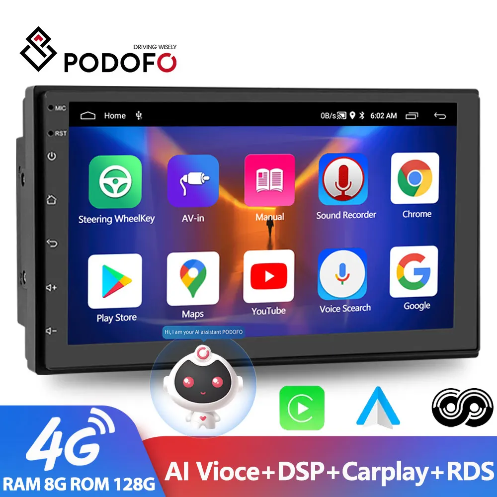 

Podofo AI Voice 2din Android Car Radio Multimedia Video Player Autoradio 2 Din 7'' Carplay Stereo GPS Maps For VW Nissan Toyota