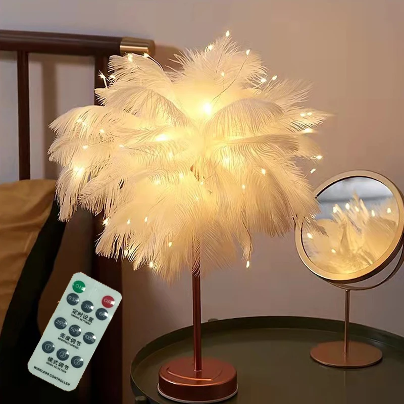 

Настольная лампа с перьями и пультом дистанционного управления, креативный ночник с абажуром из перьев USB/AA, украшение для свадебной гостиной, спальни