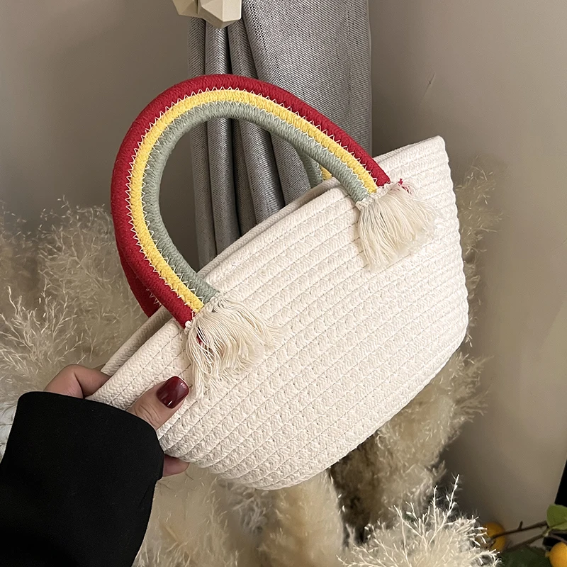 

SWDF Cute Rainbow Cloud Handbag New Handmade Cotton Woven Bags Seaside Vacation Wild Luxury Designer Beach Straw Bag Sac Borse