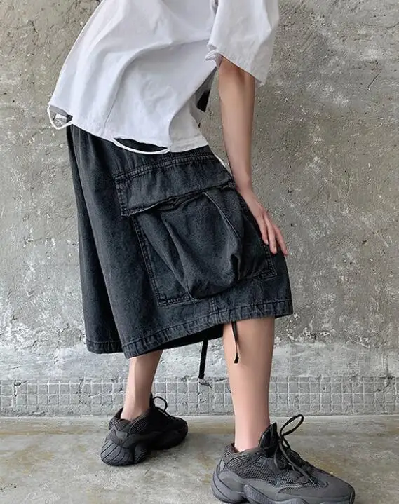 Wide Leg Denim Shorts Men's Summer Hip-Hop Loose Five-Point Street Shorts High Street Cargo Jean Shorts