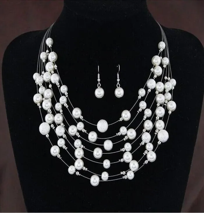 

New Gold Bridal Jewelry Sets Earrings Neck Pearls Bridal Jewelry Silver Necklace Earring Sets for Women Fashion Wedding Gift
