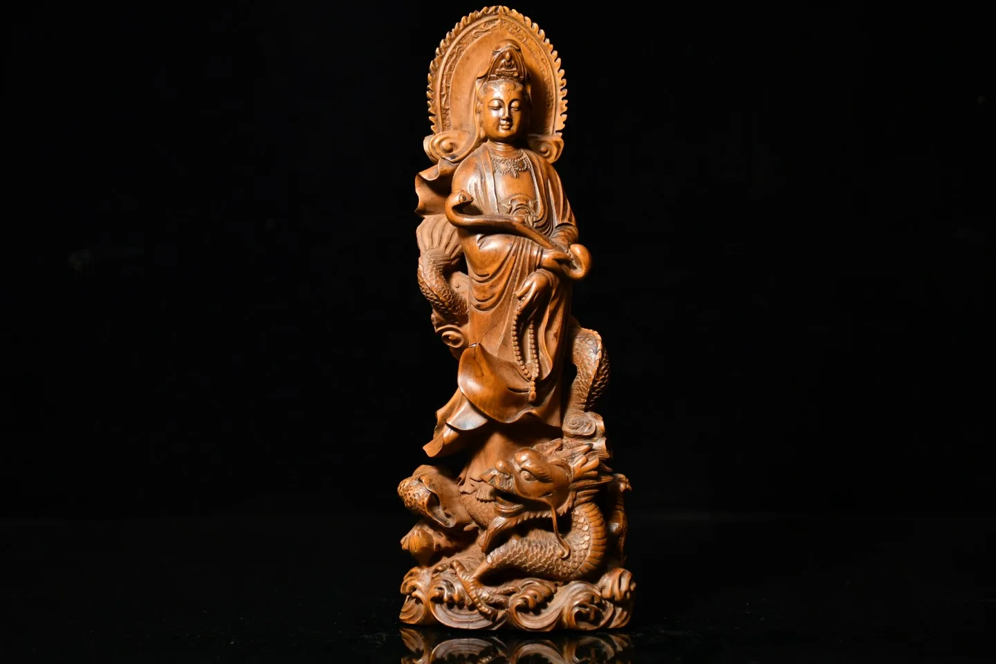 

8"Tibetan Temple Boxwood As one wishes ride a Dragon Guanyin Bodhisattva ocean waves worship buddha Town house Exorcism