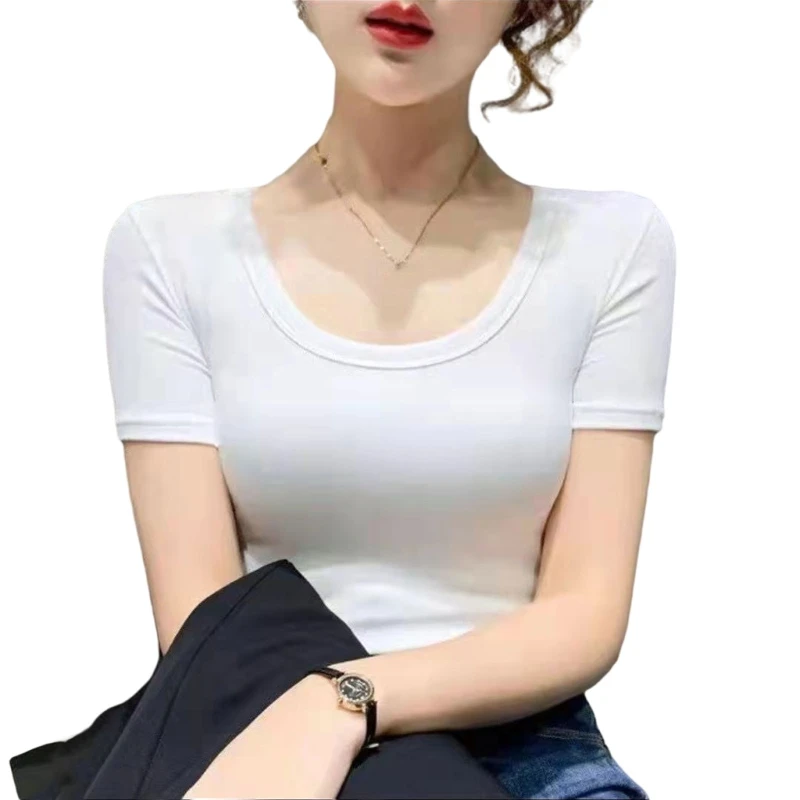 

New style Women Short Sleeve Scoop Neck Crop Top Ribbed Knit Solid Color Slim T-Shirt Tee