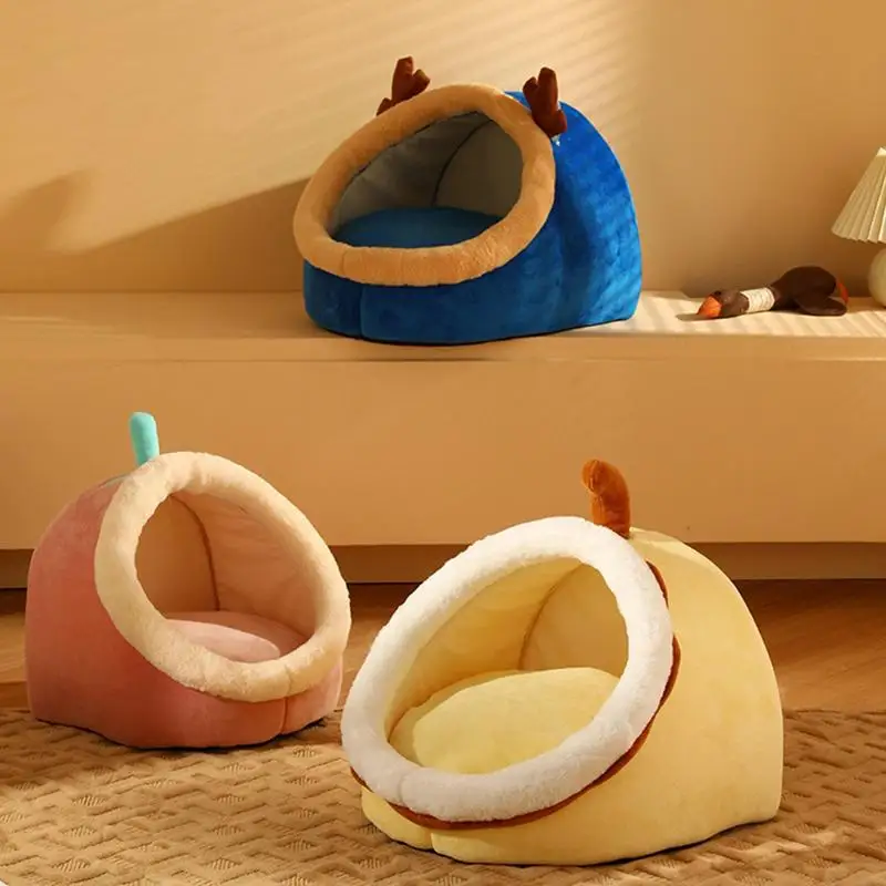 

Cat Bed Cave Semi-Enclosed Pet Bed with Cushion and Dangle Interactive Cat Toy Freestanding Non-slip Soft Calming Cat Houses