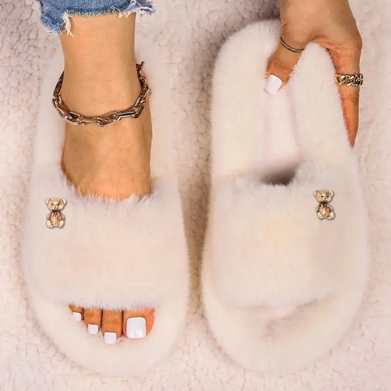 Female Furry Fur Slippers Cozy Women  Bowknot Bear Fur Shoes Cross Strap Warm Home Slides Luxury Soft Flilp Flops Slides