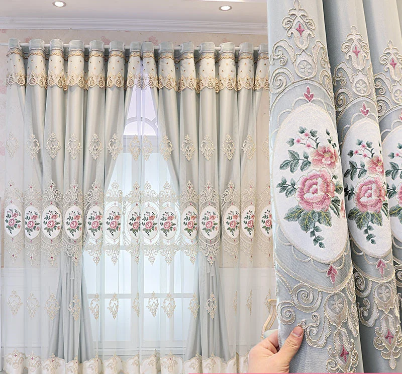 

European Double Layer Simple Modern Embroidery Custom Blackout Curtain Light Luxury Curtains for Living Dining Room Bedroom