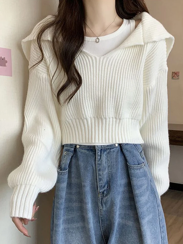 

Zoki White Sweater Fashion Sailor Collar Loose Cropped Knitting Pullovers Preppy Style Long Sleeve Casual Female Chic Jumpers