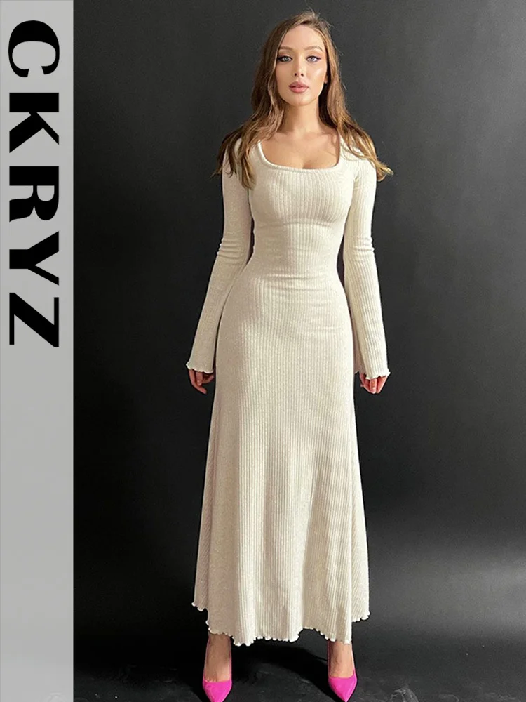 

Женское осеннее платье-макси с длинным рукавом и U-образным вырезом