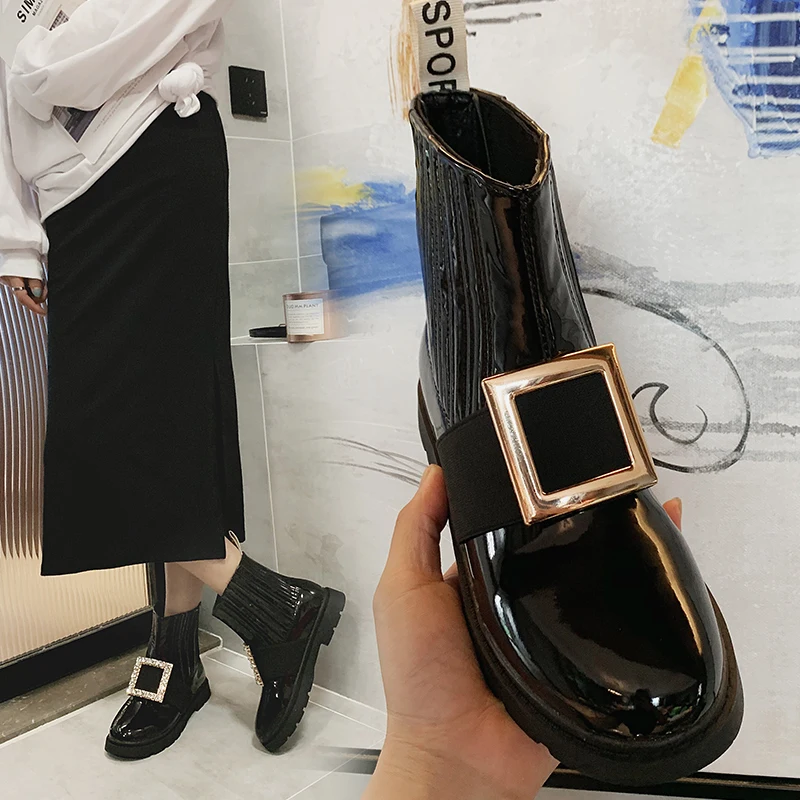 

Autumn and Winter Women's Boots Patent Leather Ankle Boots Women's Motorcycle Boots Thick Bottom Buckle Punk Boots Women's Shoes