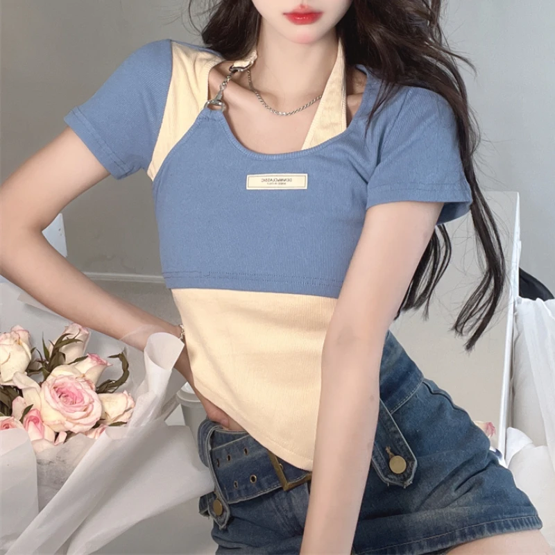 

Fake 2 Piece Short-sleeved Y2k T-shirt Female Summer Ins Tide Hot Girl Stitching Irregular Hanging Neck Short Slim Tops