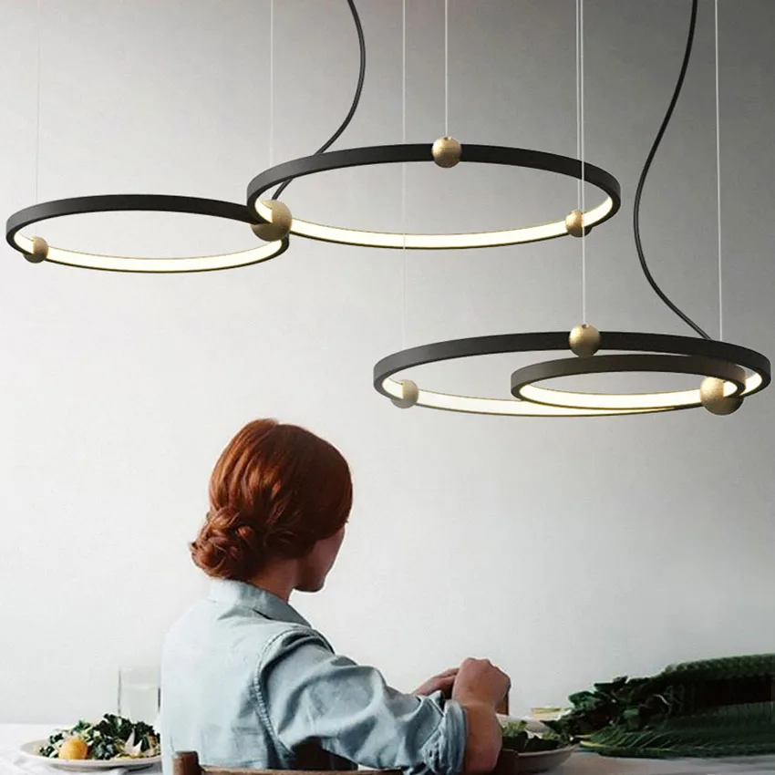 

Black Round Led Suspend Hang Lamp Nordic Home Indoor Dining Living Room Kitchen Island Bar Chandelier Ring Pendant Light