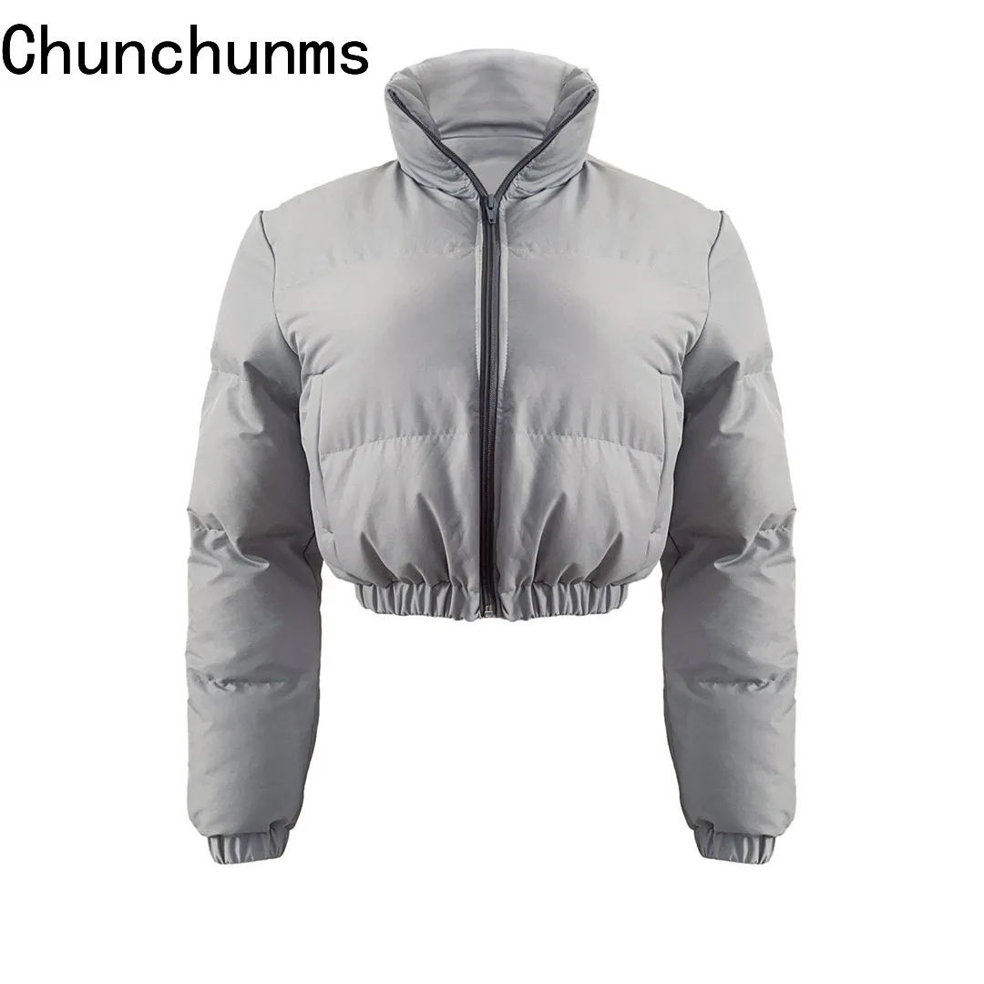 2021 Winter Women Cotton Down Jackets Fashion Solid Long Sleeve Warm Cotton Padded Coats Fall Stand Collar Zipper Cropped Parkas