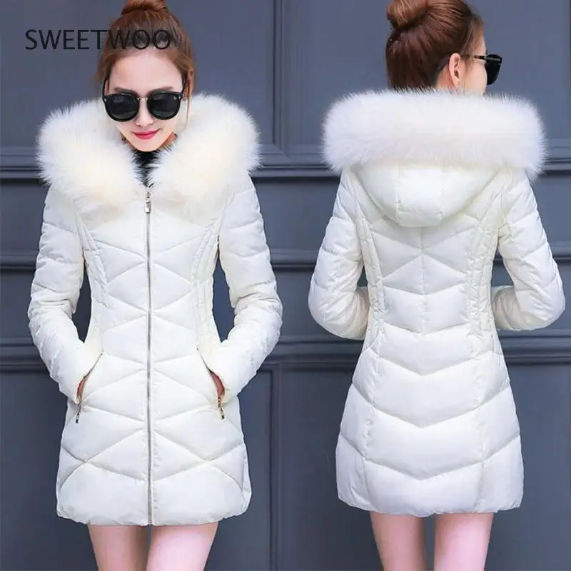 Women Winter Jackets Coats Down cotton Hooded Parkas Feminina Warm Outwear Faux Fur Collar  Long Coats Contracted Slim