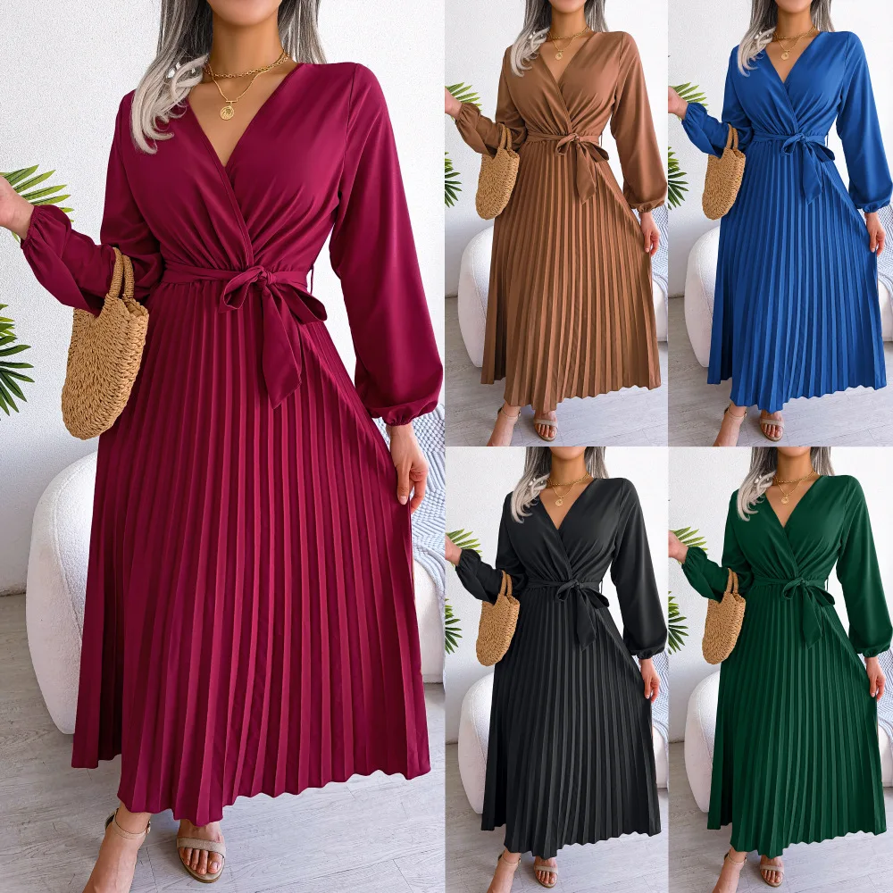 

Hot Sale Dropshipping New Pleated Belt A-line Skirt Fashion Sexy Evening Women Party Club Ladies Elegant Long Dresses For Female