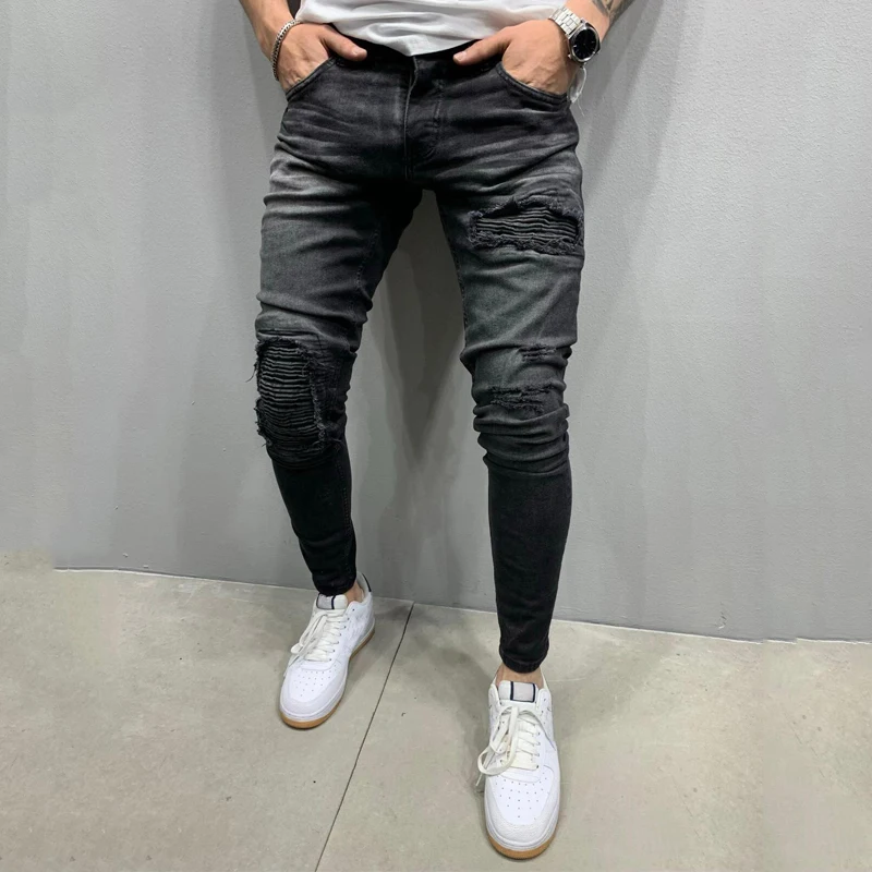 High quality street men's European and American men's ripped elastic skinny jeans torn trousers youth student casual trend pants
