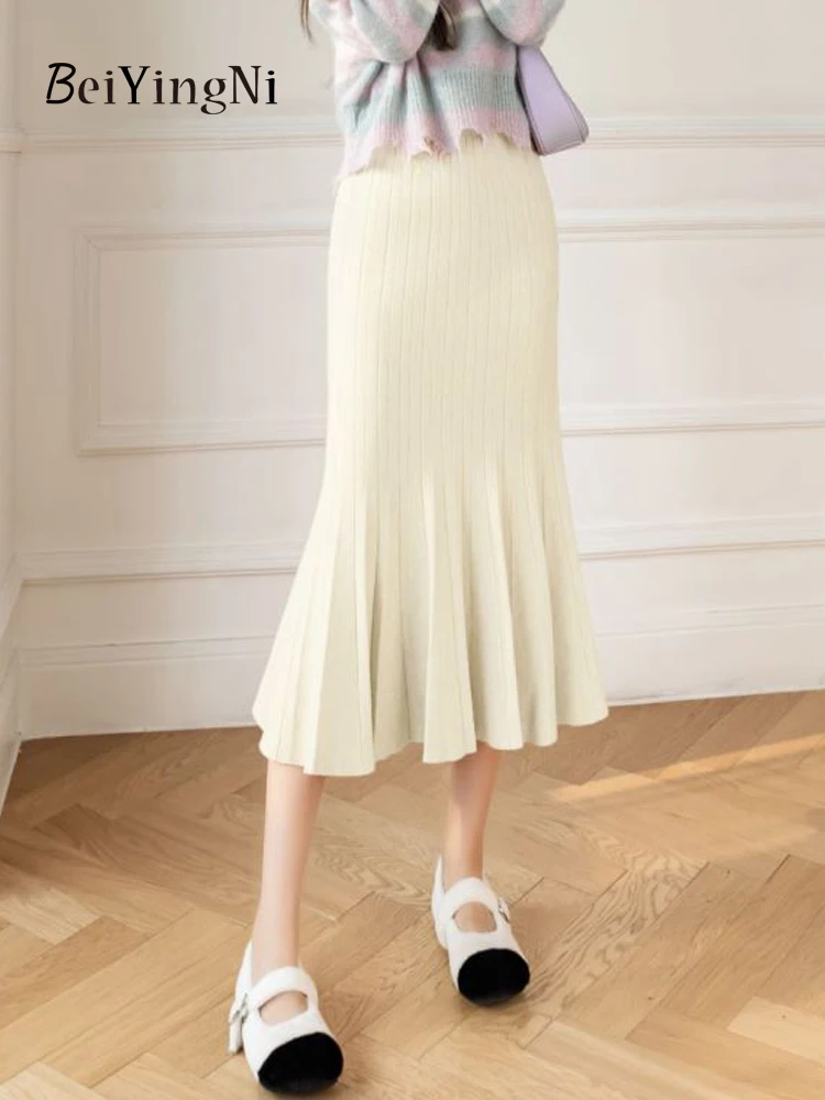 

Beiyingni Korean Fashion Knitted Mermaid Skirts Womens Slim Black Elastic High Waist Faldas Female Fall Winter Casual Chic Skirt