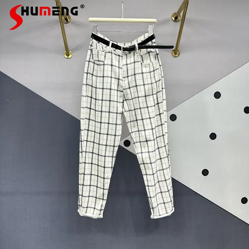 

Retro Loose Plaid Jeans for Women 2023 Summer New Versatile High Waist Slimming Tappered Harem Denim Pants Trendy Thin