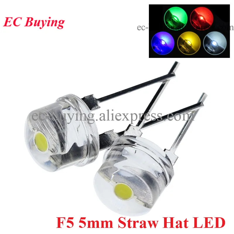 50pcs F5 5mm Straw Hat LED Diode Super Bright Lamp Clear Transparent 0.5W Light Emitting Diode Red Yellow Green Blue White Diy