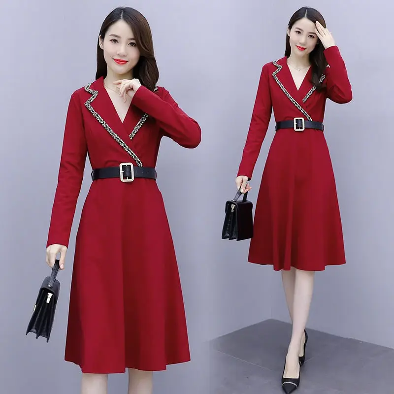 

Женское платье-блейзер во французском стиле, весеннее платье большого размера с длинным рукавом и воротником-стойкой, корейское модное платье с поясом, модель Z144, 2023