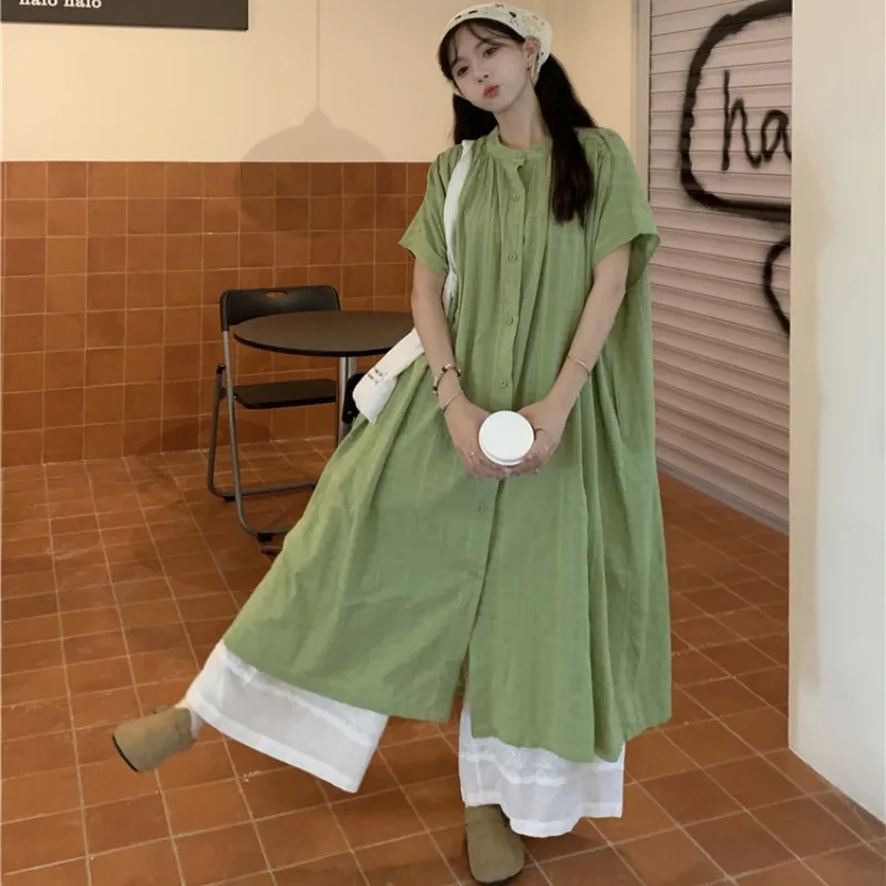 Plus Size Plus size women clothing Chubby Girl Korean Series Retro Set Women's Solid Dark Pattern Shirts Dress Casual Wide-Le...