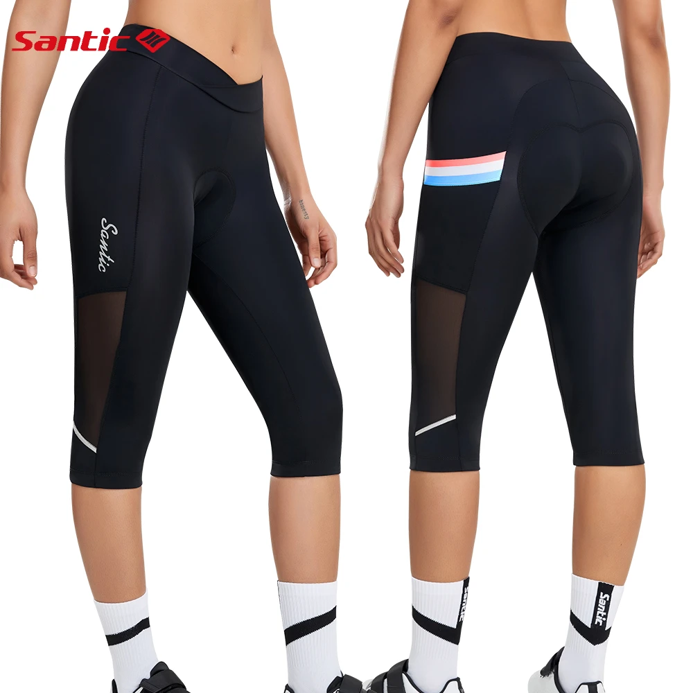 Santic Summer Cycling Pants 3/4 MTB Bike Pants Women Breathable Mesh Padded Bicycle Sports Tights Trousers Reflective Clothing