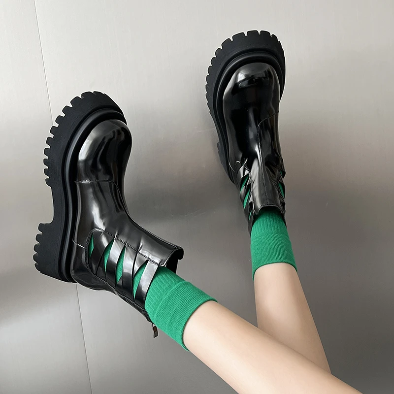 Design Platform Boots Sqaure Toe Chelsea Boots Slip on Leather Ankle Boots Casual Chunky Shoes Platform Boots Shoes for Women