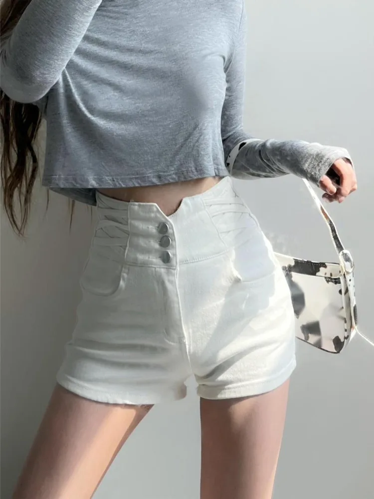 

WOMEGAGA High Waist Abdomen Denim Wide Leg Shorts Summer Solid Color Thin Section Three Buttons Sexy Women's Clothing T2AM