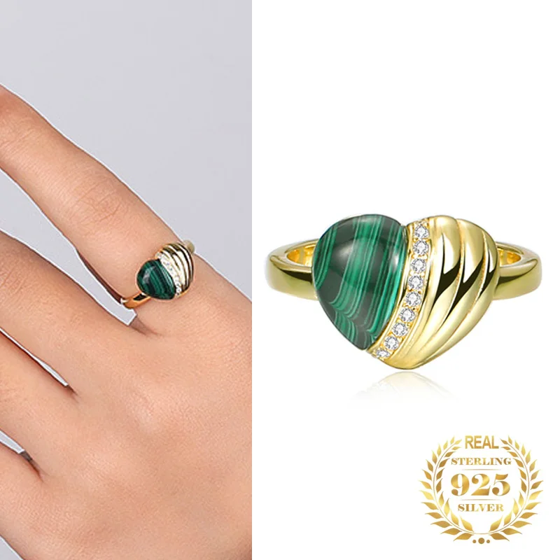 

Vintage Zircon Green Malachite Heart Ring Women Sterling Silver 925 Fashion Jewelry Sets Gold Plated Rings For Women Adjustable