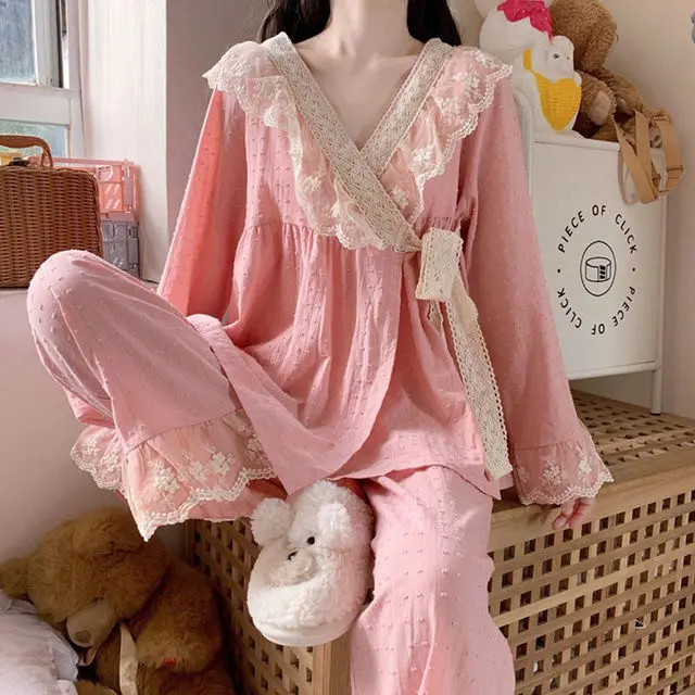 Fairy V-neck Lace Spring Pajama Sets Women Sashes Kimono Designed Loose Elegant Tender Stylish Chic Japan Sleepwear Lounge Ins