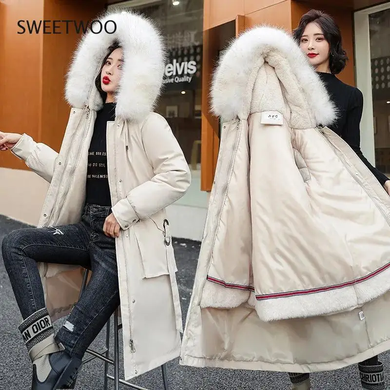 2021 New Women's Parkas Winter Jacket Hooded Long Coat Thick Warm Female Cotton Padded Parka Fur Lining Jackets Coats Outwear