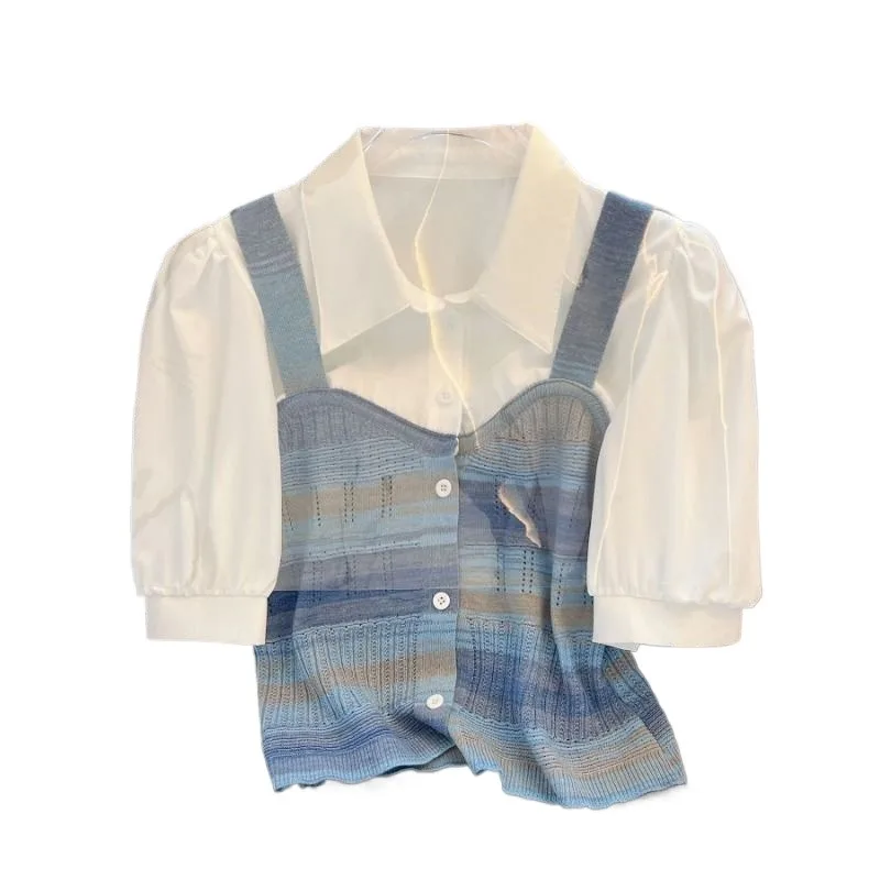 Новинка лета усовершенствованная имитация двух частей Вязаные Рубашки на